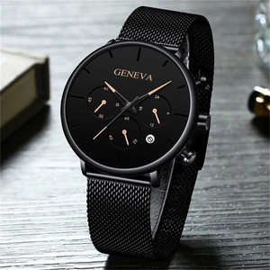 Detailed close-up of Geneva men's watch with black mesh strap and rose gold indices