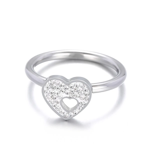 Polished silver heart ring with micro-paved crystals and hollow center for women