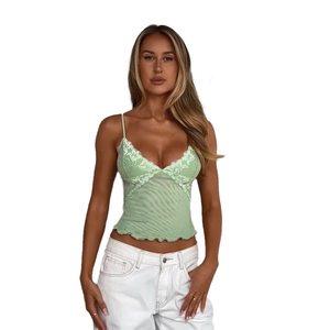 Slim fit light green lace patchwork camisole with V-neck and ruffled hem for women