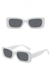 Front and side view of trendy white square frame sunglasses with grey lenses