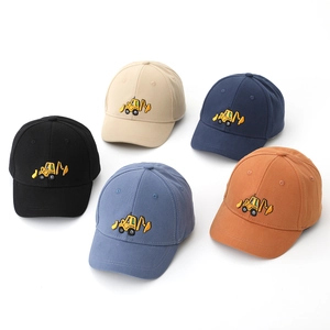Detail view of cotton kids baseball caps with excavator embroidery in five assorted colors