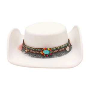 Western Cowboy Hat Ethnic Style Woolen Felt Wide Brim Fedora With Turquoise Beads Tassels Band Vintage Bohemian For Men Women