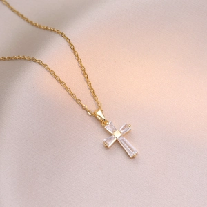 Elegant gold cross necklace for women featuring five rectangle clear zircon crystals