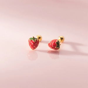Orecchini A Lobo Fragola Argento Sterling 925 Smalto Frutta Carina Chiusura A Vite Per Donne Ragazze