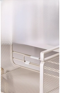 Detail of moisture-proof white metal mesh shelf with durable plastic-coated finish