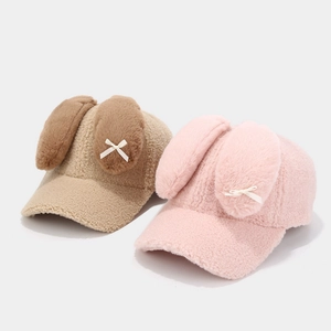 Casquette de baseball en peluche avec oreilles de lapin et nœud pour l'hiver en rose