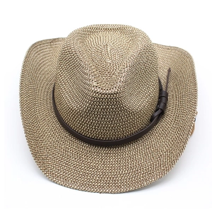 Detail of western straw hat featuring brown leather band and intricate woven texture