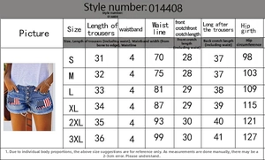 Size chart table for women's distressed denim shorts from S to 3XL with detailed measurements