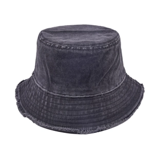Vintage washed black cotton bucket hat with frayed edges and distressed canvas detail