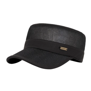 Men's breathable mesh flat top sun hat in black with metal logo for summer sports
