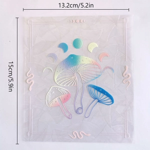 Rainbow suncatcher prism sticker detail with mushroom and snake design dimensions
