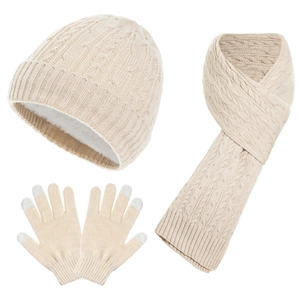 3-piece winter set with cable knit fleece-lined hat, scarf and touchscreen gloves