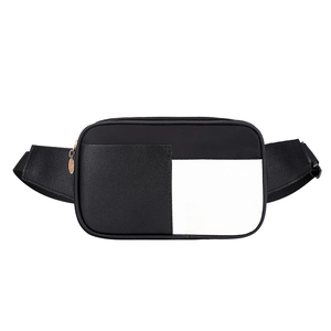 Minimalist black and white patchwork waist bag with adjustable strap and buckle