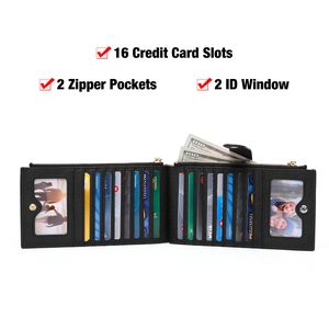 Large capacity black long wallet with 16 card slots and double zipper pockets on white background