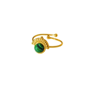Gold plated stainless steel open ring featuring a green turquoise stone and beaded texture