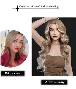 Before and after contrast showing the transformation of long wavy ombre brown lace front wig