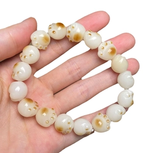 White jade bodhi cat paw beaded bracelet with brown accents for ethnic style jewelry