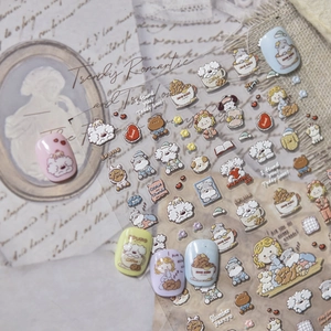 Macro shot of 3D embossed cartoon nail stickers with cute bear and dog designs