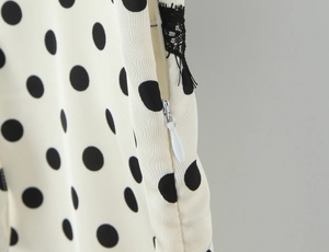 Macro view of hidden side zipper and black lace detail on beige polka dot dress