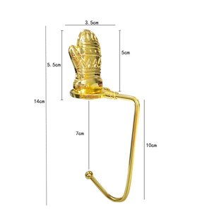 Detailed dimensions of the gold Christmas stocking hook with a snowflake glove topper