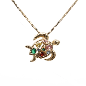 Golden sea turtle necklace with colorful zircon gemstones on a classic box chain