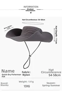 Detail specifications of quick-dry grey hiking hat with dimensions and material info