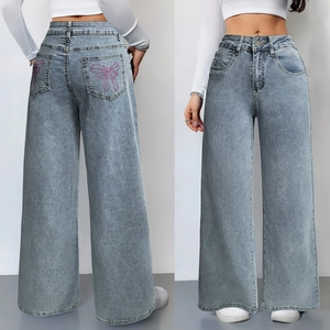 Wide Leg Jeans Hoge Taille Roze Strik Borduurwerk Denim Broek Lichtblauw Losse Vintage Streetwear Dames