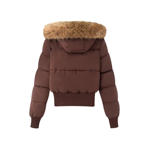 Detail of coffee brown padded jacket featuring a fluffy faux fur collar and hooded back