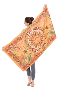 Detail view of large mandala sun beach towel with floral patterns and hanging eyelets