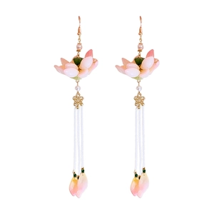 Elegant Chinese style pink lotus earrings with long beaded tassels and floral charms