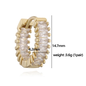Iced-out 18K gold plated hoop earrings with rectangular cubic zirconia and size specs