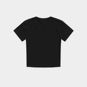 Flat lay back view of black slim-fit T-shirt with vertical stitching and embroidery
