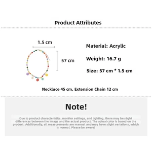 Detail view of colorful acrylic flower beaded necklace with dimensions 45cm plus 12cm