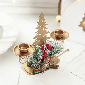 Golden Christmas double candle holder with pine needles berries and iron tree decoration