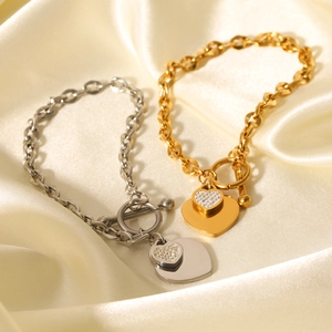 Heart Pendant Stainless Steel Bracelet For Women Rhinestone Link Chain Toggle Clasp Fashion Jewelry Gift