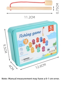 Detailed size specification for wooden magnetic fishing toy box and rod dimensions