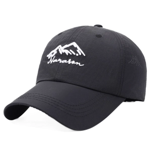 Quick-dry black baseball cap with mountain embroidery and Narason text in 45-degree view