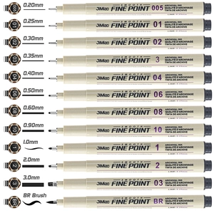 Detailed comparison of 12 waterproof fine point pens with various nib sizes and ink strokes
