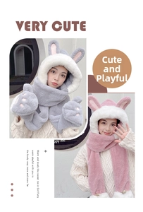 Detail of plush 3-in-1 hat scarf and gloves set with cat paw pockets and rabbit ears