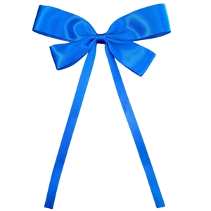 Detailed view of glossy blue satin ribbon hair clip with long elegant streamers