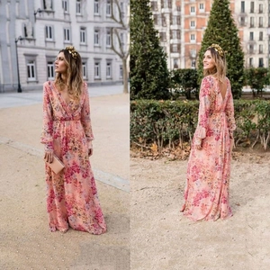 Pink floral print maxi dress with deep V-neck and tie waist for summer elegant style