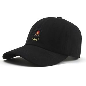Black cotton baseball cap with embroidered fire graphic and fire text for sun protection