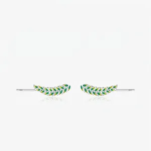 925 Sterling Silver Leaf Ear Climber Earrings With Green Enamel Forest Style Jewelry For Women Natural Olive Branch