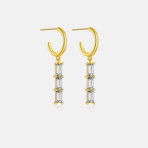 Detailed macro view of 925 silver drop earrings with three clear baguette-cut zircons