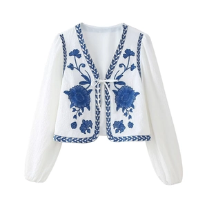 Vintage Boho Women White Short Jacket Cardigan Blue Floral Embroidery V Neck Tie Front Long Lantern Sleeve Polyester