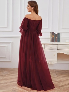 Elegant wine red off-shoulder tulle maternity evening gown with puffy sleeves and high waist