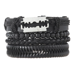 Men's 4-piece black layered bracelet set with alloy blade charm and wooden beads