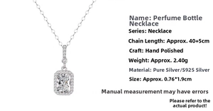 Macro detail of S925 sterling silver perfume bottle necklace with square zircon pendant