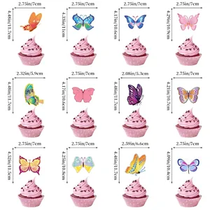 Size guide for 12 floral butterfly cake toppers with detailed height and width measurements