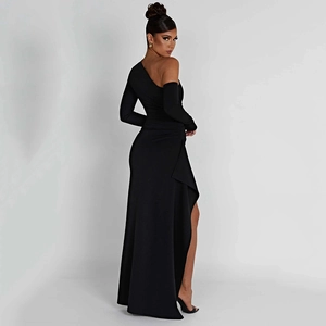Elegant black one-shoulder maxi dress with long sleeve and high side slit detail